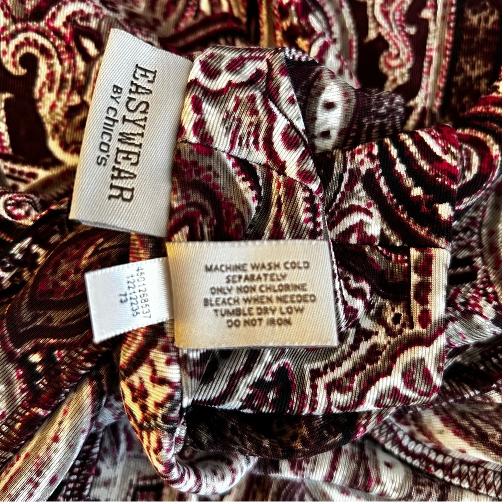 Chicos Easywear Womens Burgundy Tan Paisley Open Front Jersey Cardigan Size 2/ L - Picture 11 of 11